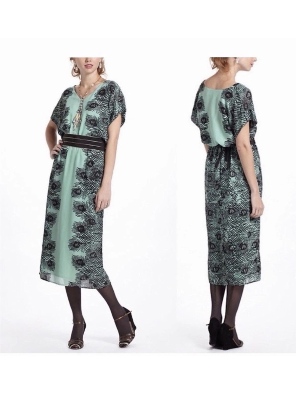 Corey Lynn Calter Mint Green and Black Printed Midi Dress peacock